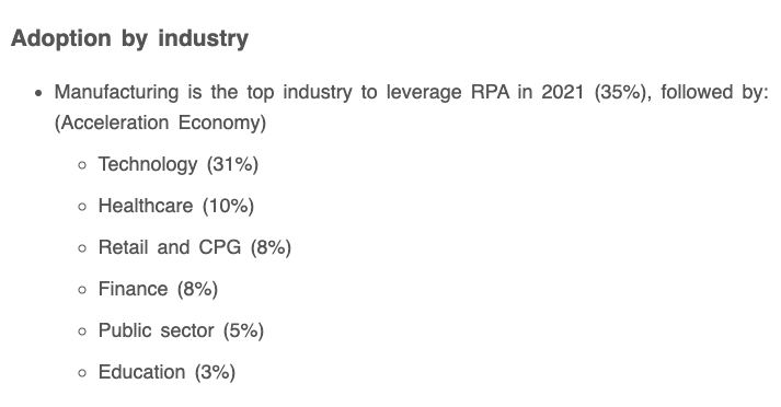 Graph shows the RPA's adoption rate across different industries. Adopters might ask, is RPA cost effective to warrant implementation.