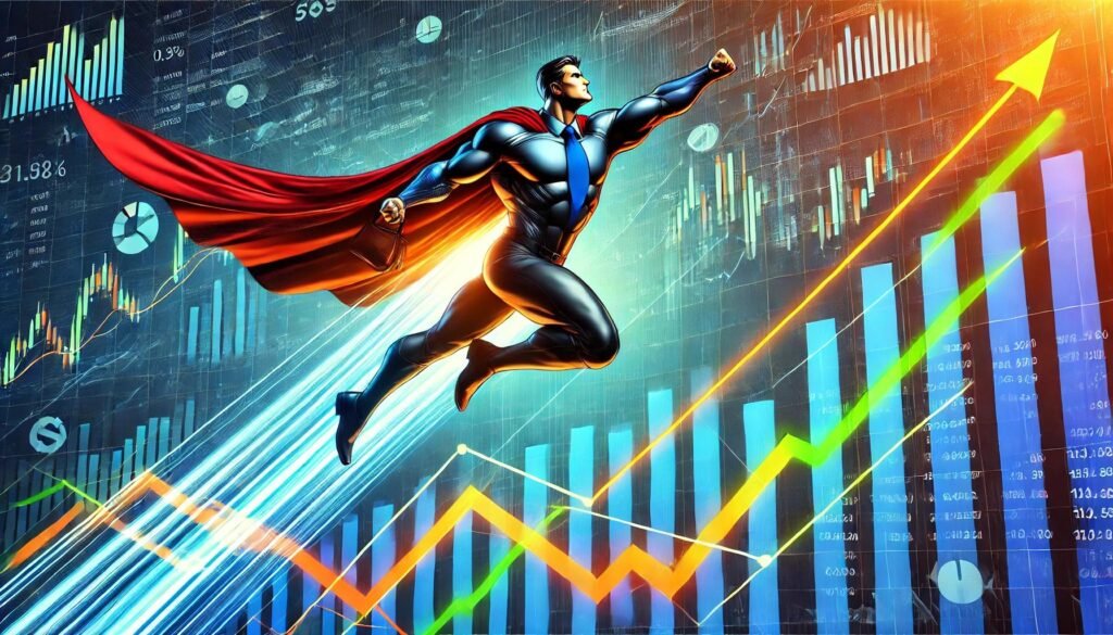 mage of a superhero flying upwards with a backdrop of uptrending market charts