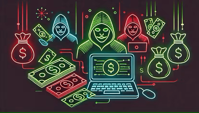 image of crypto hackers and stacks of money