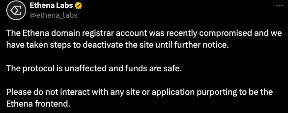 Ethena Labs, Synthetic Dollar Protocol on Ethereum, Deactivates Frontend After Domain Registrar Compromise