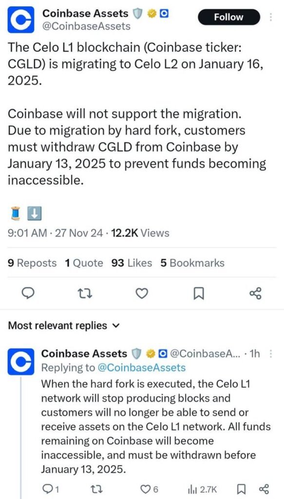 Coinbase Faces Backlash Over Rejection of Celo's Layer 2 Migration; Token Price Falls