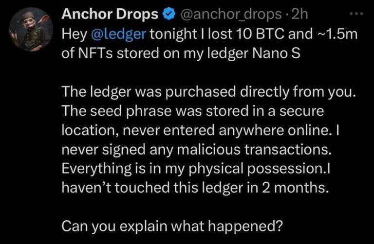 Ledger User Loses $1M in BTC and $1.5M in NFTs to 2022 Phishing Attack