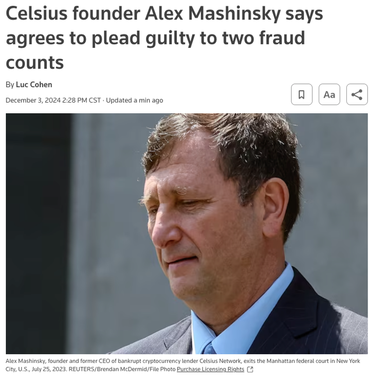 Former Celsius CEO Alex Mashinsky Pleads Guilty to Fraud in Manipulating CEL Token