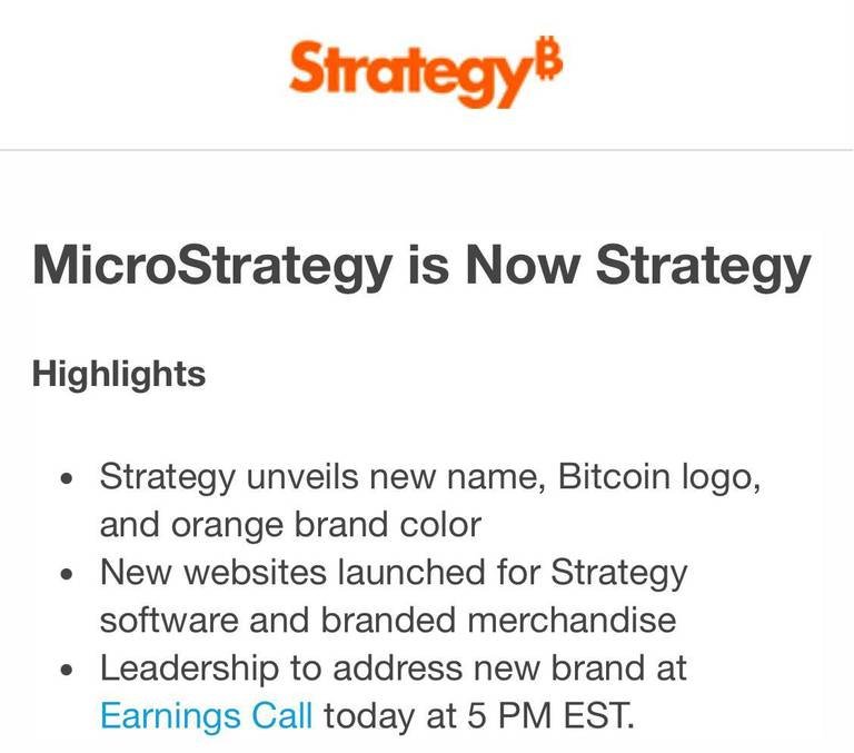 MicroStrategy Rebrands to Strategy with New Bitcoin Logo and Orange Color, Earnings Call at 5 PM EST